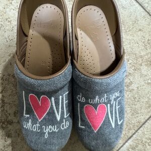 Dansko Gray Clogs with Red Heart Design
